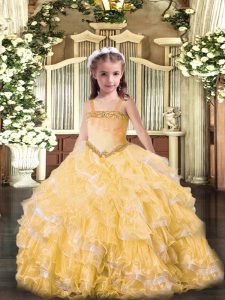 Floor Length Ball Gowns Sleeveless Gold Little Girls Pageant Dress Wholesale Lace Up