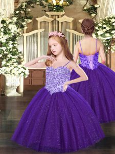 Superior Floor Length Ball Gowns Sleeveless Purple Little Girl Pageant Gowns Lace Up