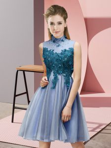 Knee Length Blue Quinceanera Court of Honor Dress High-neck Sleeveless Lace Up