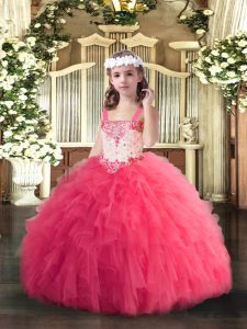 Superior Floor Length Hot Pink Kids Formal Wear Tulle Sleeveless Beading and Ruffles