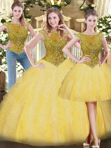 Gold Ball Gowns Tulle Scoop Sleeveless Beading and Ruffles Floor Length Zipper Quince Ball Gowns