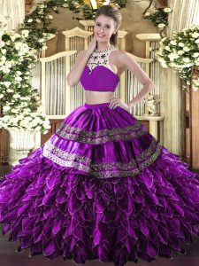 Stylish Eggplant Purple Sleeveless Tulle Backless Vestidos de Quinceanera for Military Ball and Sweet 16 and Quinceanera