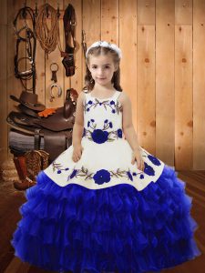 Nice Royal Blue Lace Up Straps Embroidery and Ruffled Layers Girls Pageant Dresses Organza Sleeveless