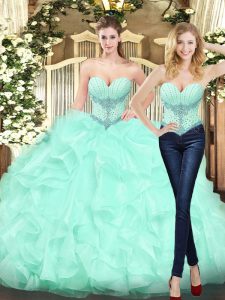 Best Selling Apple Green Ball Gowns Sweetheart Sleeveless Organza Floor Length Lace Up Beading and Ruffles Quinceanera Dress