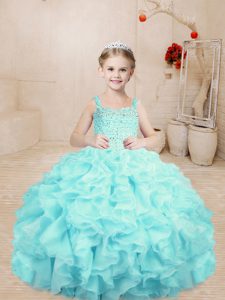 Sleeveless Organza Floor Length Lace Up Child Pageant Dress in Aqua Blue with Beading and Ruffles