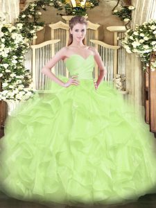 Affordable Yellow Green Lace Up 15 Quinceanera Dress Beading and Ruffles Sleeveless Floor Length