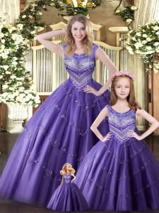 Hot Selling Sleeveless Floor Length Beading Lace Up Quinceanera Dress with Eggplant Purple