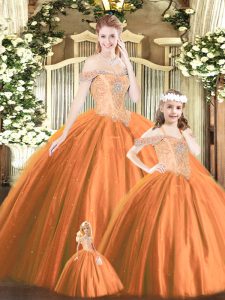 Beautiful Orange Red Lace Up Off The Shoulder Beading Quince Ball Gowns Tulle Sleeveless
