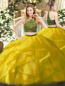 Custom Made Halter Top Sleeveless Sweet 16 Quinceanera Dress Floor Length Beading and Ruffles Yellow Organza