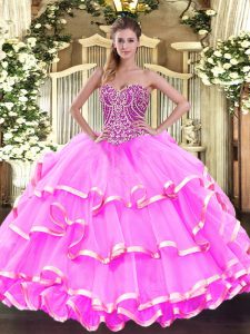 Sleeveless Floor Length Beading and Ruffled Layers Lace Up Sweet 16 Dresses with Rose Pink