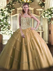 Brown Tulle Lace Up Quinceanera Gowns Sleeveless Floor Length Beading