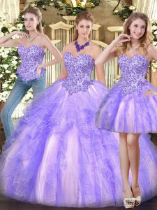 Lavender Sleeveless Appliques and Ruffles Floor Length 15th Birthday Dress