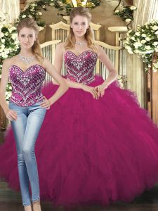 Two Pieces Sweet 16 Dresses Fuchsia Sweetheart Organza Sleeveless Floor Length Lace Up