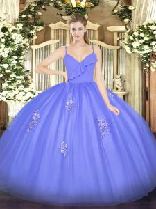 Spaghetti Straps Sleeveless Tulle Quinceanera Gowns Appliques Zipper