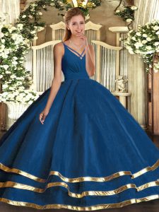 Excellent Blue Tulle Backless Sweet 16 Quinceanera Dress Sleeveless Floor Length Ruching