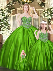Elegant Green Tulle Lace Up Sweetheart Sleeveless Floor Length Sweet 16 Dresses Beading