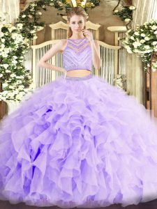Sleeveless Floor Length Beading and Ruffles Zipper Quinceanera Dress with Lavender