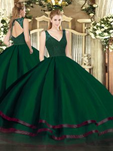 Dark Green Organza Backless V-neck Sleeveless Floor Length Sweet 16 Quinceanera Dress Beading and Lace and Ruffled Layers