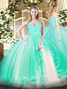 Sleeveless Tulle Floor Length Zipper Quince Ball Gowns in Turquoise with Ruffles