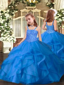 Blue Ball Gowns Straps Sleeveless Organza Floor Length Lace Up Beading and Ruffles Little Girl Pageant Gowns