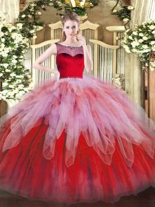 Multi-color Organza Zipper Scoop Sleeveless Floor Length Quince Ball Gowns Beading and Ruffles