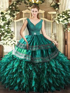 Elegant Turquoise Backless Quinceanera Dresses Beading and Ruffles Sleeveless Floor Length
