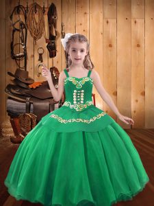 Unique Turquoise Organza Lace Up Straps Sleeveless Floor Length High School Pageant Dress Embroidery and Ruffles