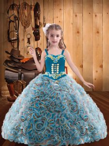 Fabric With Rolling Flowers Sleeveless Floor Length Little Girl Pageant Dress and Embroidery and Ruffles