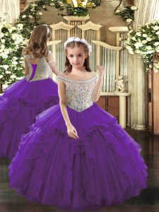 Floor Length Purple Pageant Dresses Off The Shoulder Sleeveless Lace Up