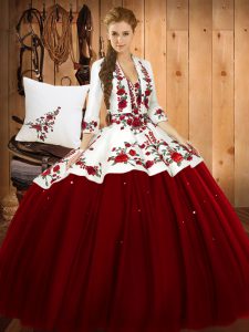Sweetheart Sleeveless Sweet 16 Dresses Floor Length Embroidery Wine Red Satin and Tulle