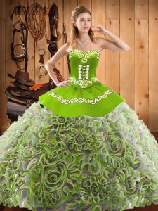New Arrival With Train Multi-color Quinceanera Dress Satin and Fabric With Rolling Flowers Sweep Train Sleeveless Embroidery