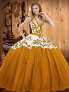 Charming Gold Ball Gowns Sweetheart Sleeveless Satin and Tulle Floor Length Lace Up Embroidery Quinceanera Dresses