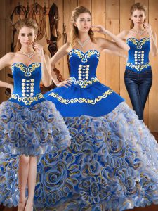 Custom Designed With Train Multi-color Sweet 16 Quinceanera Dress Satin and Fabric With Rolling Flowers Sweep Train Sleeveless Embroidery