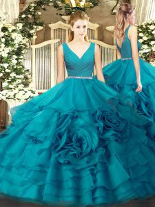 Teal Fabric With Rolling Flowers Zipper Quinceanera Gown Sleeveless Floor Length Beading