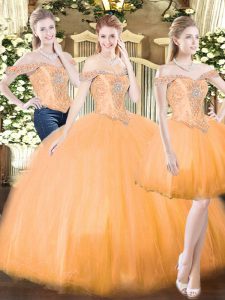 Orange Red Off The Shoulder Lace Up Beading and Ruffles 15th Birthday Dress Sleeveless