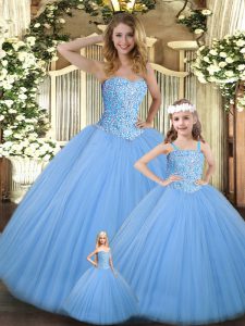 Tulle Sweetheart Sleeveless Lace Up Beading Sweet 16 Quinceanera Dress in Baby Blue