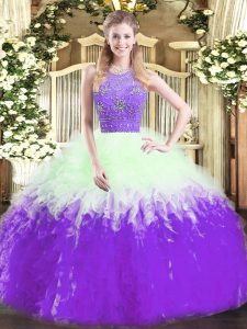 Deluxe Tulle Halter Top Sleeveless Zipper Beading and Ruffles Quinceanera Gowns in Multi-color