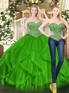 Green Lace Up 15th Birthday Dress Beading and Ruffles Sleeveless Floor Length