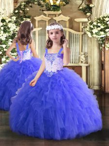 Sleeveless Tulle Floor Length Lace Up Pageant Dresses in Blue with Beading and Ruffles
