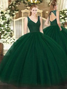Vintage V-neck Sleeveless Backless Ball Gown Prom Dress Dark Green Tulle