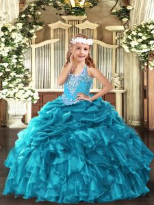 Floor Length Teal Girls Pageant Dresses V-neck Sleeveless Lace Up