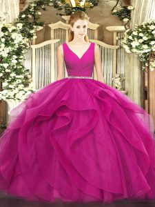 Floor Length Fuchsia Quince Ball Gowns Tulle Sleeveless Beading and Ruffles