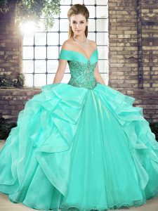 Off The Shoulder Sleeveless Lace Up Sweet 16 Quinceanera Dress Apple Green Organza