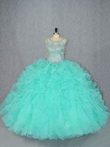 Popular Aqua Blue Organza Lace Up Quinceanera Gowns Sleeveless Floor Length Beading