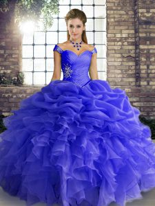 Blue Sleeveless Organza Lace Up Sweet 16 Quinceanera Dress for Military Ball and Sweet 16 and Quinceanera