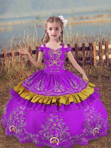 Floor Length Purple Child Pageant Dress Off The Shoulder Sleeveless Lace Up