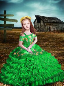 Customized Off The Shoulder Short Sleeves Organza Little Girl Pageant Dress Embroidery and Ruffled Layers Lace Up