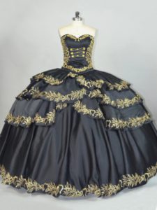 Stunning Sweetheart Sleeveless Quinceanera Dress Floor Length Embroidery Black Satin