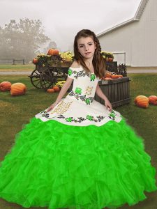 Great Green Little Girls Pageant Dress Party and Military Ball and Wedding Party with Embroidery and Ruffles Straps Sleeveless Lace Up