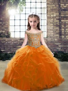 Off The Shoulder Sleeveless Little Girls Pageant Dress Floor Length Beading Orange Tulle
